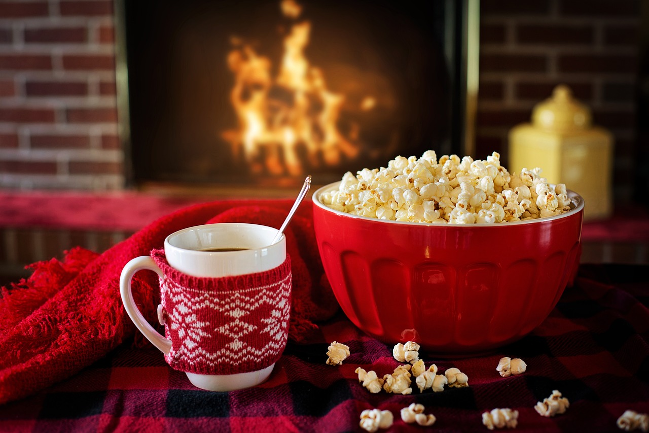 warm and cozy, popcorn, coffee